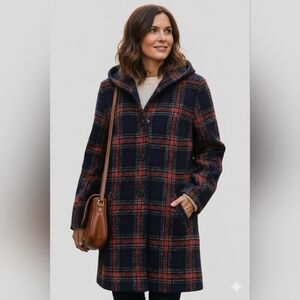 [Michael Taylor] Oversided Navy Plaid Wool Knee Length Button Down Coat Hoodie M